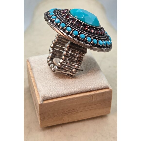 Vintage Faux Turquoise & Red Rhinestone Accent Stretch Ring - Picture 2 of 5